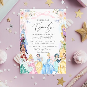 May include: A princess-themed birthday invitation on a pink background. The invitation features illustrations of princesses and floral accents. Text includes "Princess Emily", "Is Turning Three!", and party details.