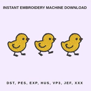 Può includere: Download di un ricamo con tre pulcini gialli con contorni neri, in movimento. Il testo "INSTANT EMBROIDERY MACHINE DOWNLOAD" è in alto, con i formati di file in basso.