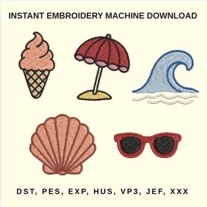 May include: An embroidery design download featuring summer-themed images. Includes an ice cream cone, beach umbrella, wave, seashell, and sunglasses. The text "INSTANT EMBROIDERY MACHINE DOWNLOAD" is at the top. Below are file formats: DST, PES, EXP, HUS, VP3, JEF, XXX.