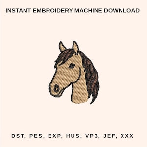 Op de afbeelding: Een borduurontwerp met een paardenkop, met een bruin lichaam en een donkerbruine manen en details. De tekst "INSTANT EMBROIDERY MACHINE DOWNLOAD" staat bovenaan. Hieronder staan bestandsformaten: DST, PES, EXP, HUS, VP3, JEF, XXX.