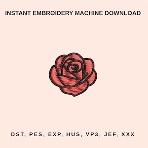 Può includere: Un ricamo di rosa rossa con contorni neri, centrato su uno sfondo rosa chiaro. Il testo "INSTANT EMBROIDERY MACHINE DOWNLOAD" è in alto. Sotto la rosa ci sono i formati di file: DST, PES, EXP, HUS, VP3, JEF, XXX.
