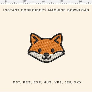 May include: An orange and black fox face embroidery design. The design features a fox head with a white muzzle, black eyes, and a black nose. The text "INSTANT EMBROIDERY MACHINE DOWNLOAD" is at the top. Below the fox are the file types: DST, PES, EXP, HUS, VP3, JEF, XXX.