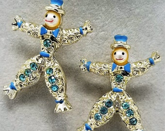 Vintage Clown Pins Matched pair Blue Rhinestone Pearl face 1960's  Silver