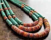 3 Strand Southwest Necklace Natural Shell with Turquoise Block Trim Silver Hook Clasp