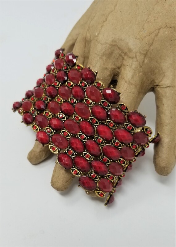 Ruby Red Rhinestone Stretchy Bracelet 2" Wide - image 4