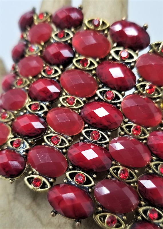 Ruby Red Rhinestone Stretchy Bracelet 2" Wide - image 1