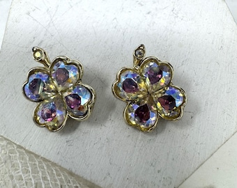 Vintage Rhinestone Clover Earrings Clip Ons Goldtone