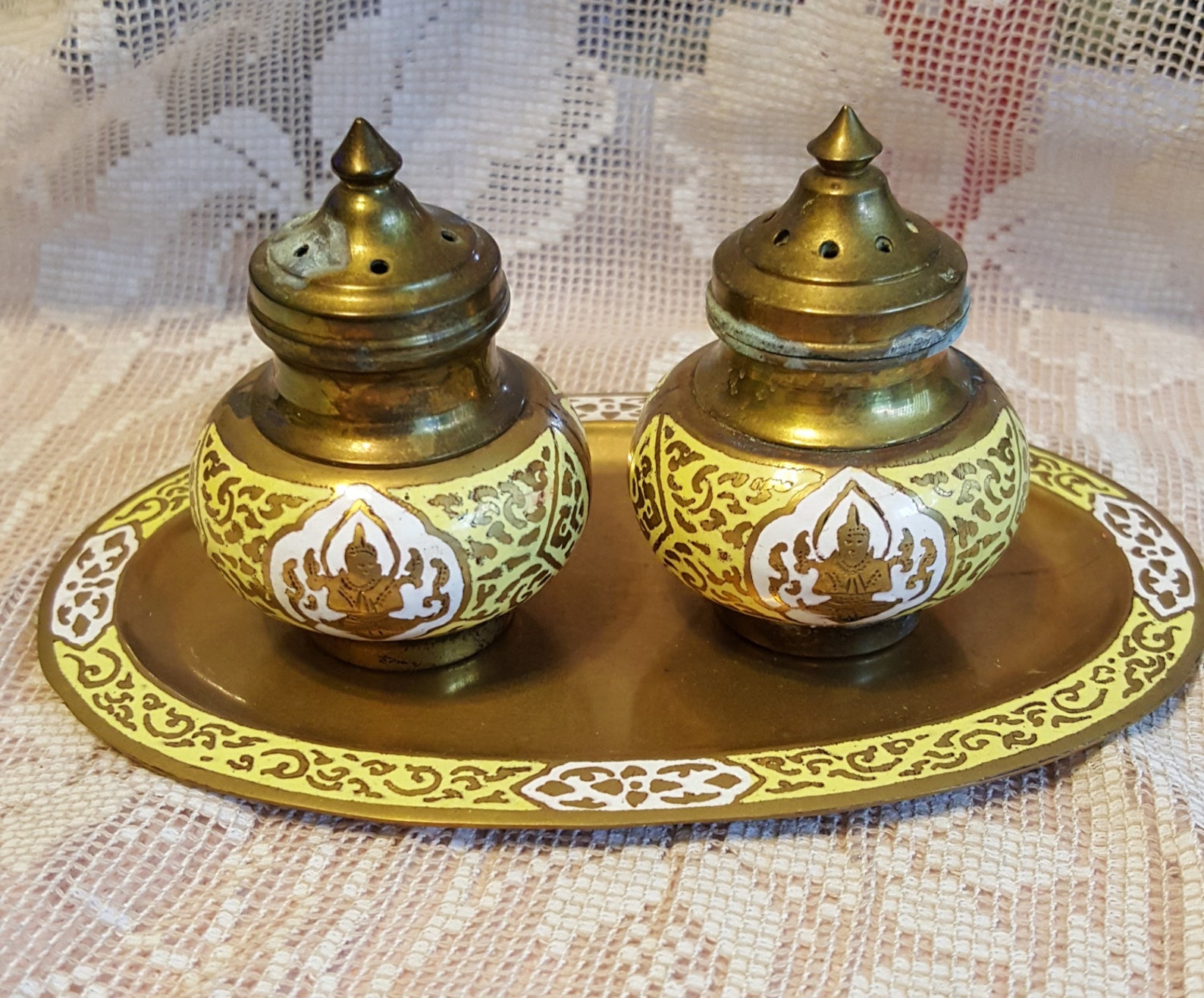 Vintage Brass Salt & Pepper shakers hand enameled Brass Unique Etsy