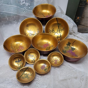 Vintage Wood Lacquer Bowl Set 11 Pc Set SZK