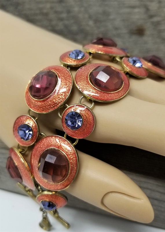 Hand-enameled vintage bracelet with colorful rhine