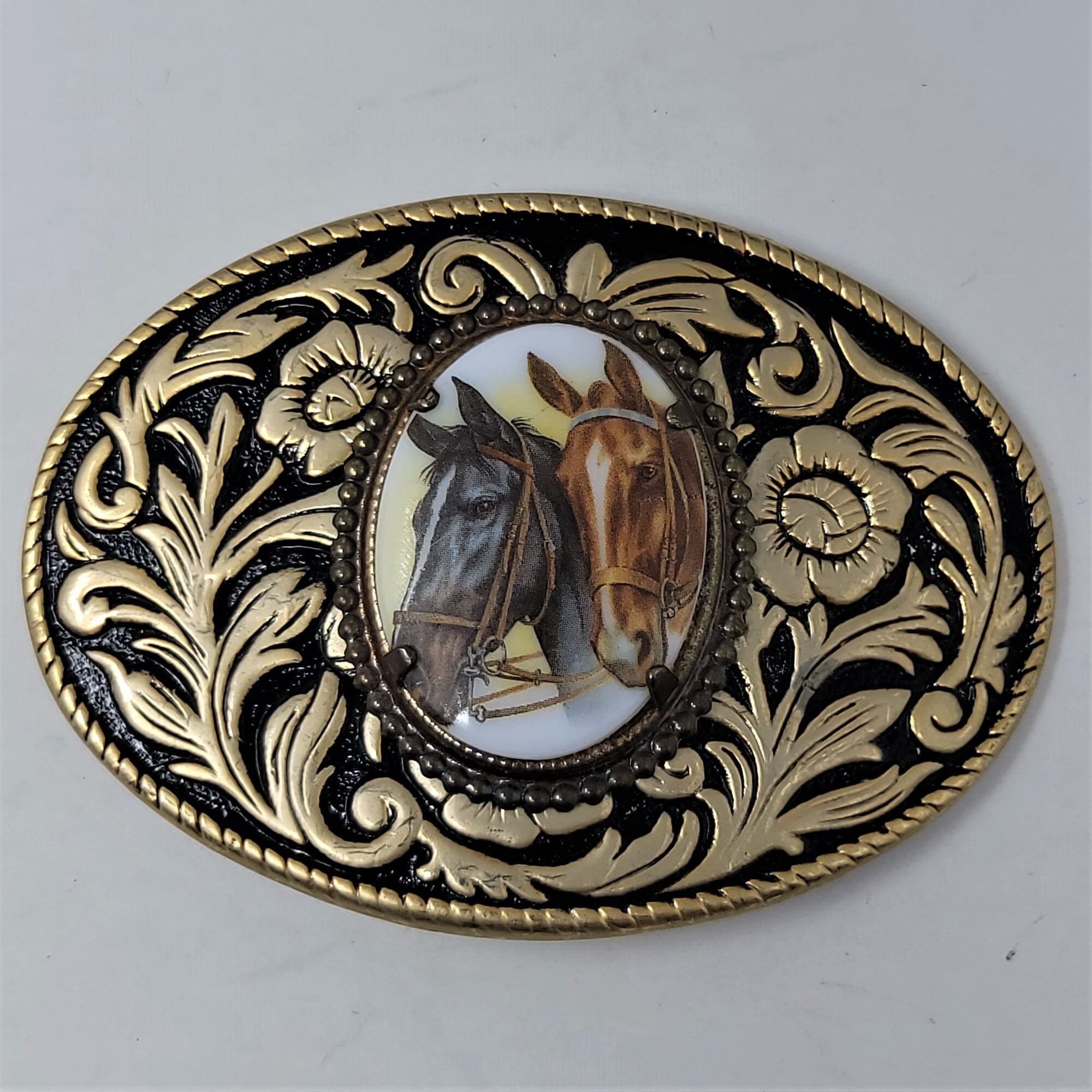 Western Vintage Belt Buckle Porcelain Horse Heads Goldtone 