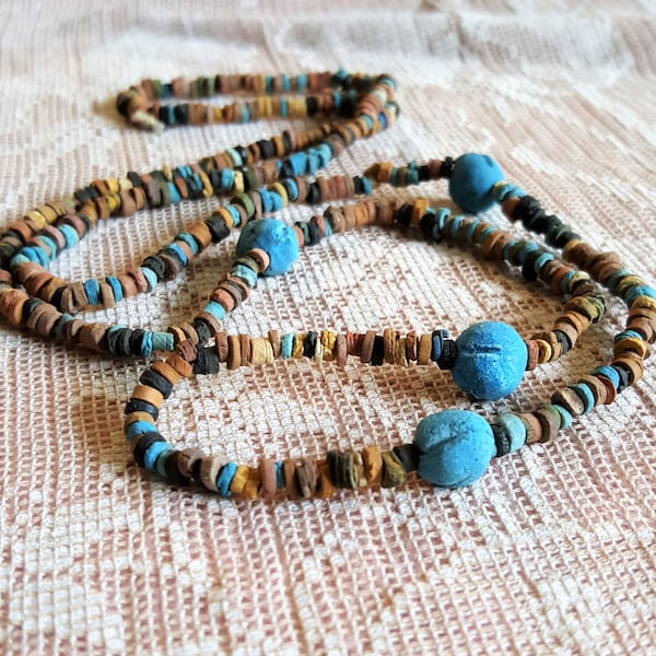 Be Queen of the Nile with our Clay Mummy bead necklace Turquoise and earth colors 30 " long