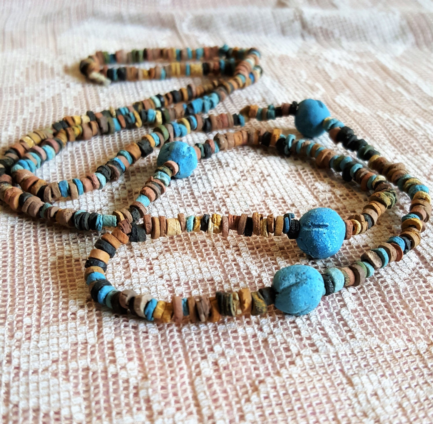 Glass Bead Necklace Long Turquoise 