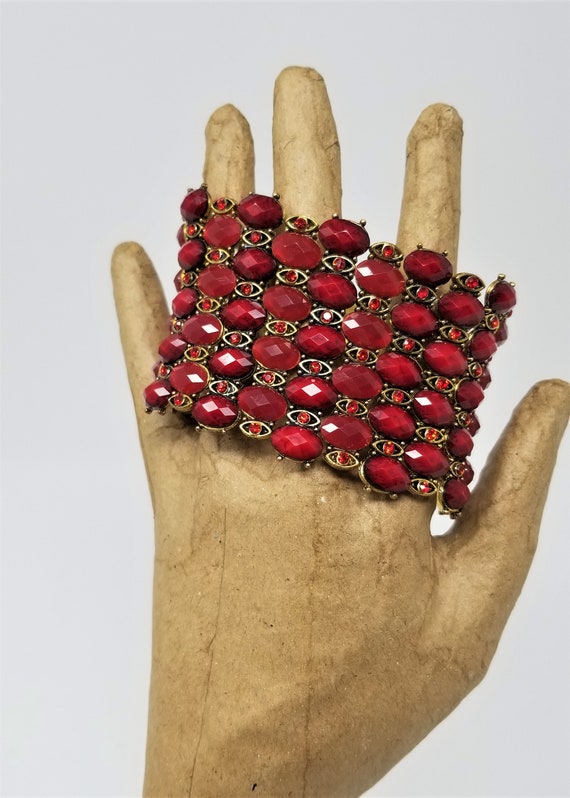 Ruby Red Rhinestone Stretchy Bracelet 2" Wide - image 5