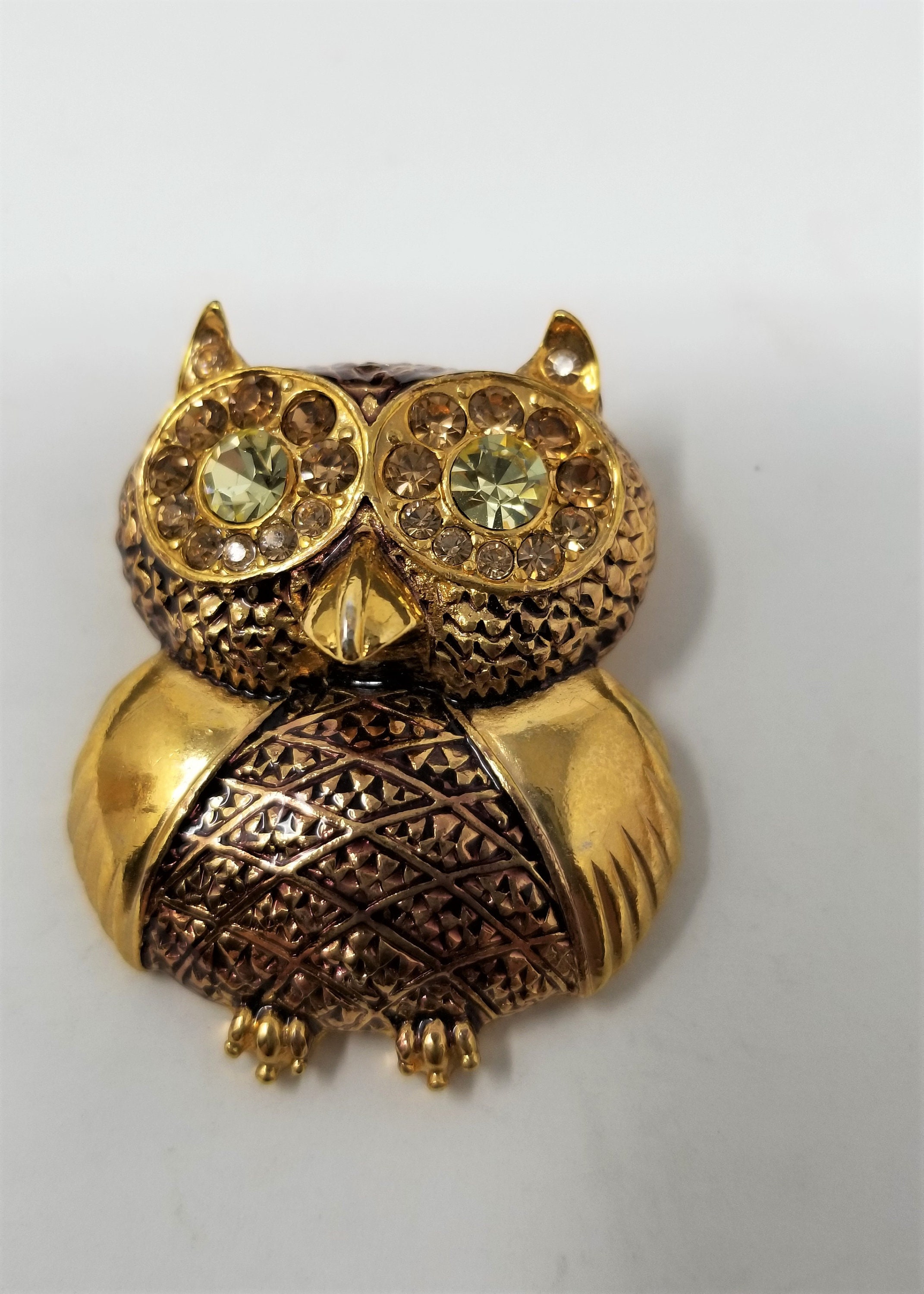 Vintage Owl Pin with Clear and Topaz Rhinestone eyes