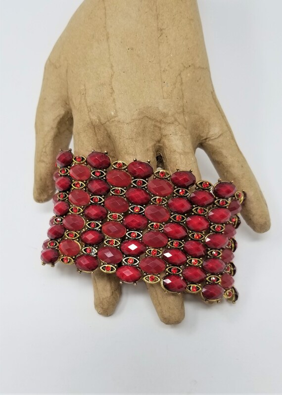 Ruby Red Rhinestone Stretchy Bracelet 2" Wide - image 3