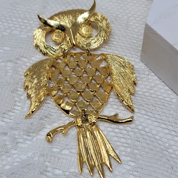 Jumbo Golden Owl Pin Brooch Bird Pin - image 2