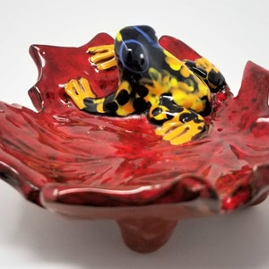 May include: A ceramic frog with black, yellow, and blue paint sits on a red leaf-shaped dish. The frog is perched on the edge of the dish, looking to the right.