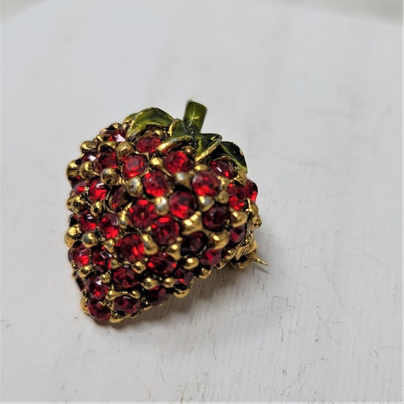 Ruby Red Rhinestone Strawberry Pin Brooch Goldtone - image 1