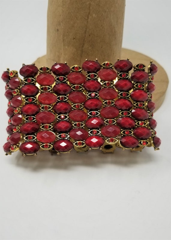 Ruby Red Rhinestone Stretchy Bracelet 2" Wide - image 2