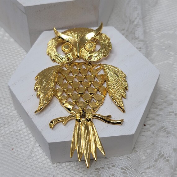 Jumbo Golden Owl Pin Brooch Bird Pin - image 3