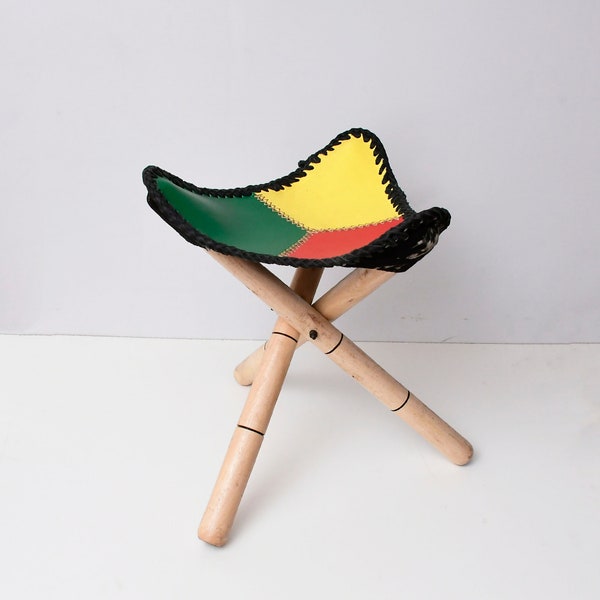 Rasta green gold red Leather Tripod Stool Handmade Foot Rest Stool