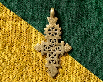 Grand pendentif croix de cou éthiopien croix rasta dorée Haile Selassie 99Z2