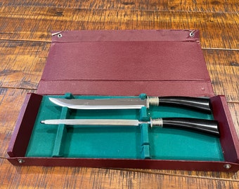 1950's Vintage stainless steel and silver kitchen 8” cutlery, knife & sharpener with black plastic handle - crack on sharpener handle