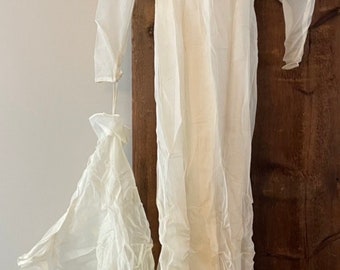 Vintage 1936 wedding dress, ivory silhouette Shear Chiffon high neck, long sleeved with Rayon slip and ruffle train