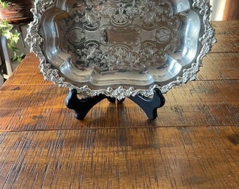 Beautiful Vintage 1950’s Crown & Shield silver serving plate/dish Silver Sacks sticker on back, measures 11 by 8 1/2”