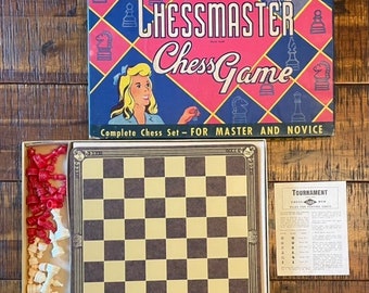 Vintage 1945 Chessman tournament 32 piece chess game includes board, pieces and instructions, all in great shape! Box aged but good
