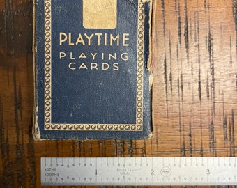 Vintage 1960’s Playtime playing cards in tiny 2” wide original box - box very damaged but cards good