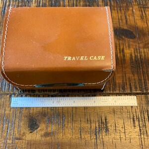 Vintage 1960s small rectangular light brown faux leather flip top snap travel box – used!