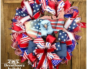 Patriotic American Eagle wreath, Patriotic mesh wreath, Red, white and blue Eagle wreath