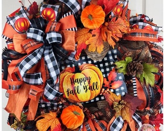 Happy Fall Y'All wreath , Autumn wreath, Fall wreath Front door wreath
