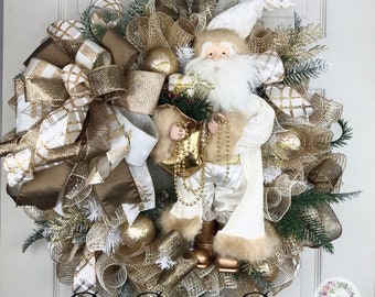 Christmas Santa wreath, Gold Christmas wreath, Santa wreath