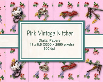 Pink Digital Download Retro Kitchen Design, Digital Sheet For Artwork, Collage, Journals, Scrapbooking, Paper Crafting