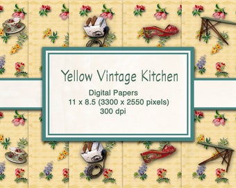 5 Designs Vintage Kitchen Yellow Flower Print Instant Download Digital For Artwork, Collage, Journals, Scrapbooking, Paper Crafting