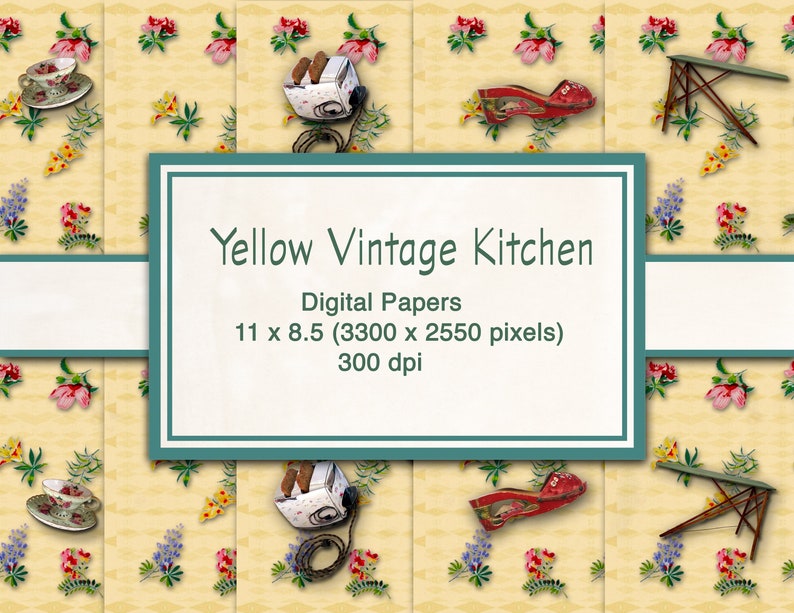 5 Designs Vintage Kitchen Yellow Flower Print Instant Download Digital For Artwork, Collage, Journals, Scrapbooking, Paper Crafting image 1