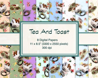 Tea And Toast Digital Pattern Instant Download With Vintage Toaster, Teacups and Tablecloth