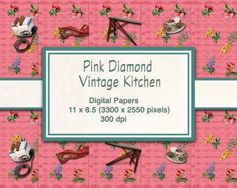 Vintage Kitchen Pink Instant Download, Digital Art Sheet For Artwork, Collage, Journals, Scrapbooking, Paper Crafting