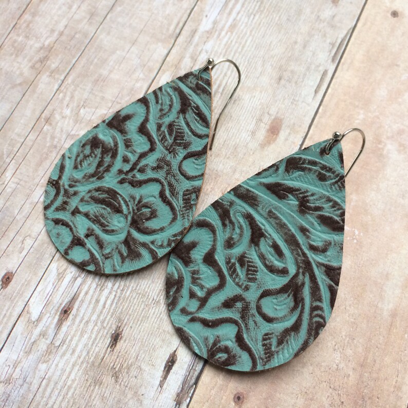 Teardrop leather earrings, aqua embossed leather teardrop earrings, aqua embossed leather earrings image 2