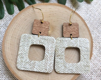 Wood accent earrings with cork block shape, stained, beige, taupe leather backed cork, neutral