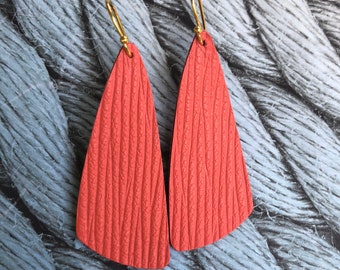 Coral embossed tapered bar earrings, leather earrings