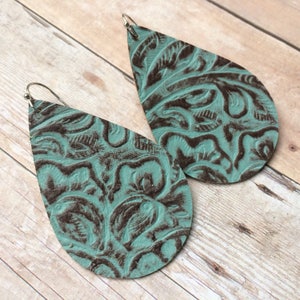 Teardrop leather earrings, aqua embossed leather teardrop earrings, aqua embossed leather earrings image 5