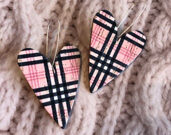 Heart earrings, large pink plaid heart earrings, Valentine earrings, large leather backed cork heart earrings