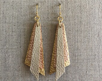 Gold, champagne, rose gold metallic layered earrings, leather, holiday