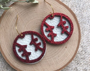 Baseball layered circle leather earrings, sports mom, red glitter, customizable