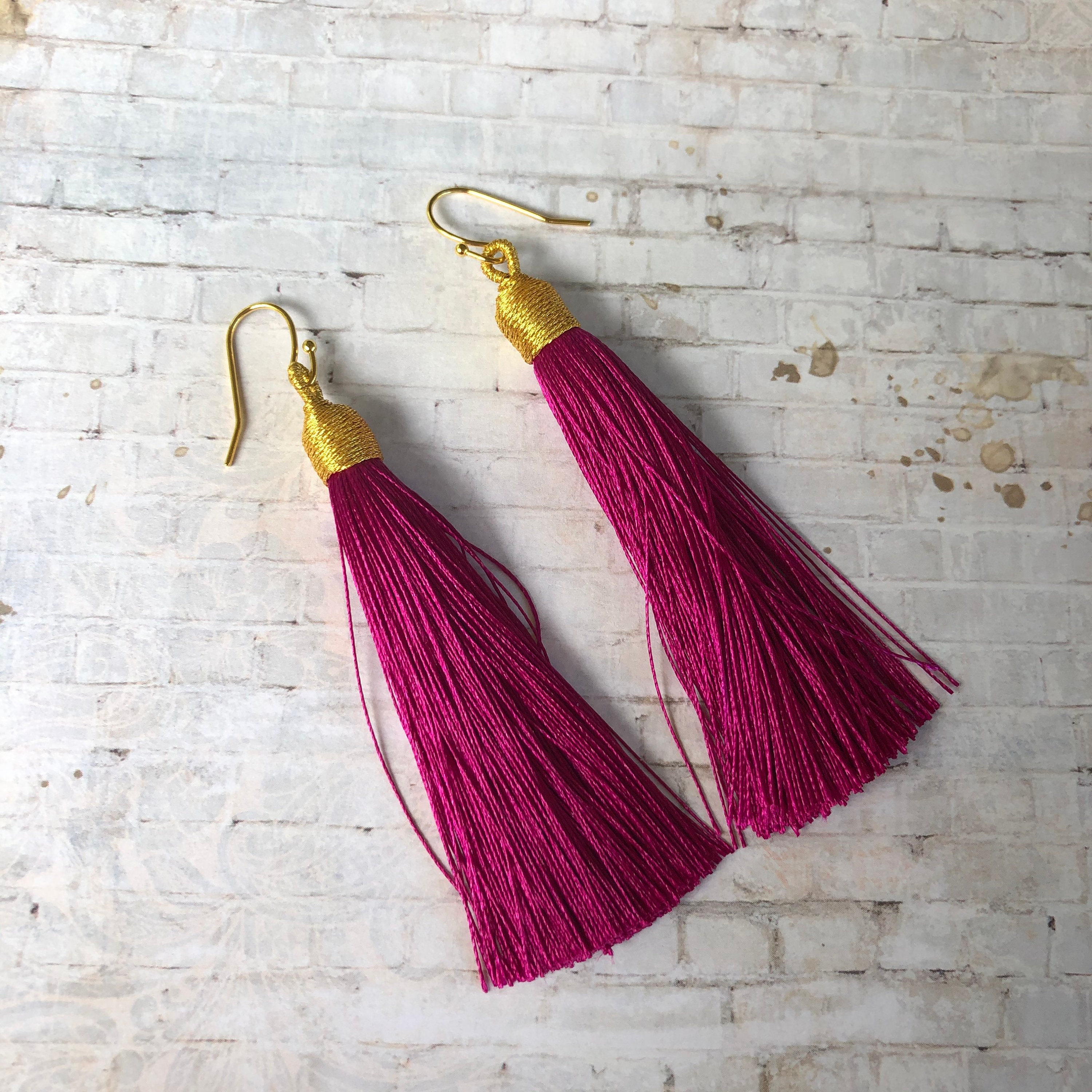 Magenta tassel earrings pink fringe earrings Etsy