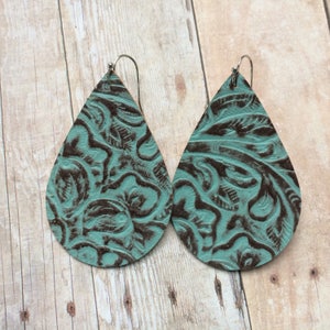 Teardrop leather earrings, aqua embossed leather teardrop earrings, aqua embossed leather earrings image 1